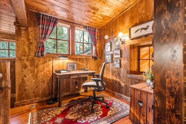 office area featuring wooden ceiling, vaulted ceiling, wood-type flooring, and wood walls