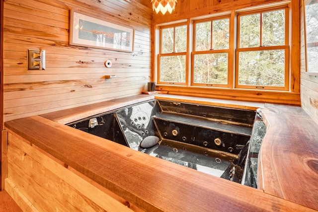interior space featuring wood walls