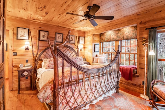 bedroom with wooden walls, wood-type flooring, and wood ceiling