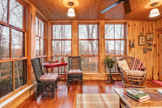 sunroom / solarium featuring wood-type flooring, wooden ceiling, and wood walls