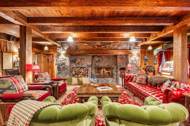 living area with wooden ceiling, wood walls, beamed ceiling, and a fireplace