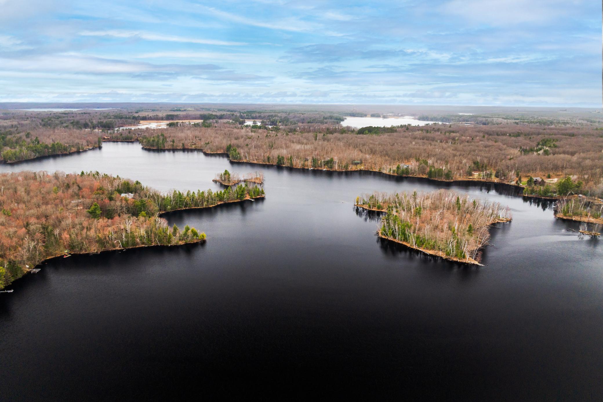 aerial view of a nearby body of water and a heavily wooded area