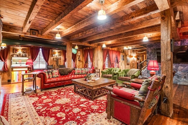 living room featuring wooden ceiling, beam ceiling, hardwood / wood-style floors, and wooden walls
