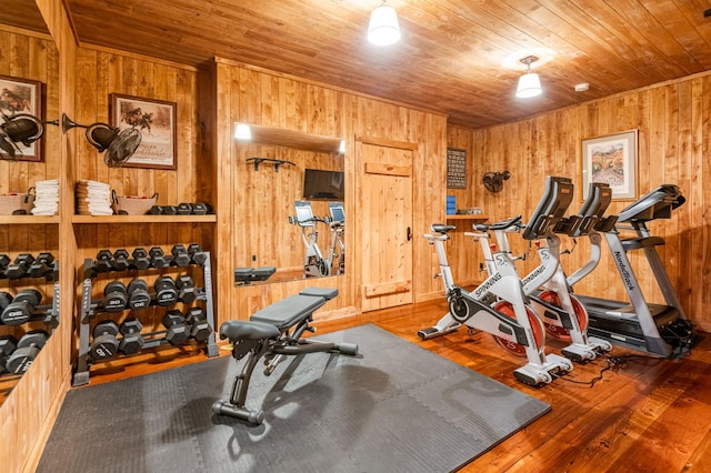 exercise room featuring wood walls, wooden ceiling, and wood finished floors