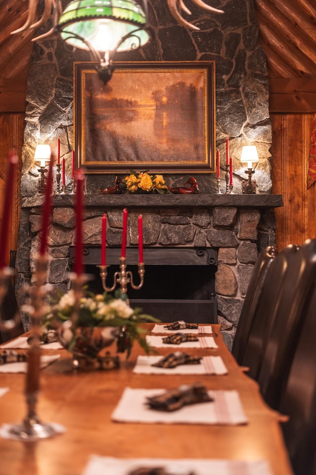 dining area view of a fireplace