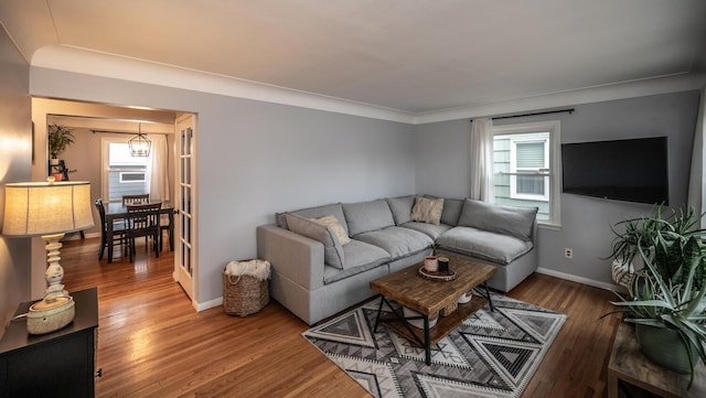 living area featuring baseboards, wood finished floors, and a healthy amount of sunlight