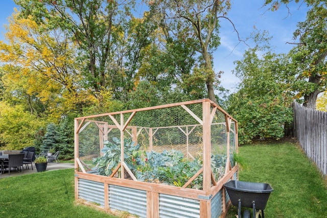 view of yard featuring fence and a garden