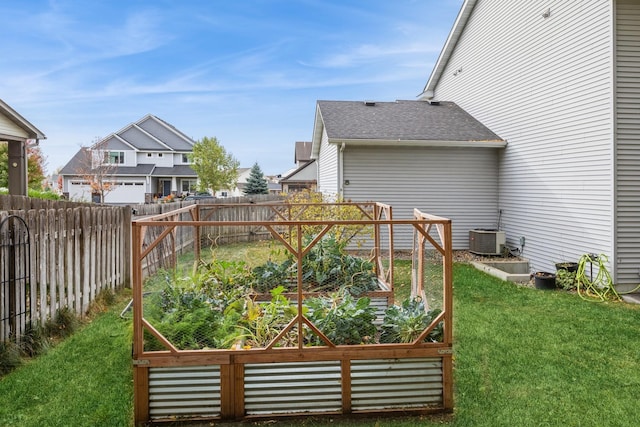 view of yard featuring central AC unit, fence private yard, and a vegetable garden