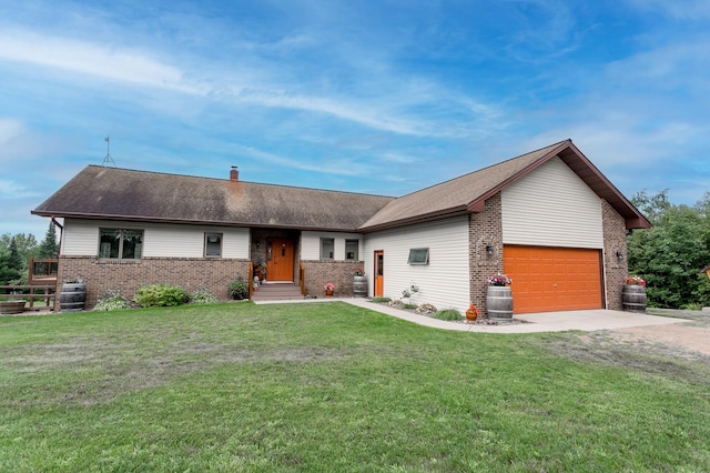 ranch-style home featuring a front yard, brick siding, driveway, and an attached garage