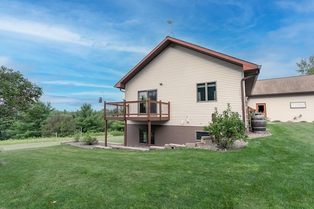 back of property with cooling unit, a lawn, and a wooden deck