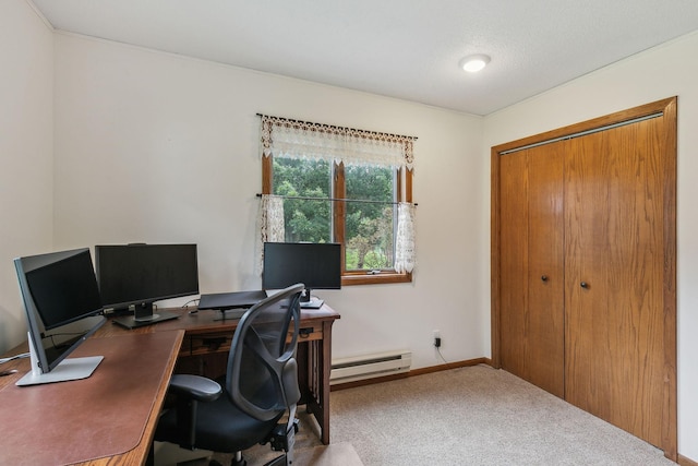 carpeted home office featuring a baseboard radiator and baseboards