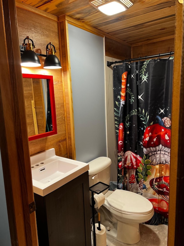 full bath featuring vanity, wooden ceiling, toilet, and a shower with shower curtain