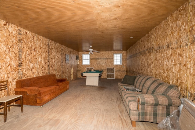 living area with wood finished floors, wooden ceiling, and billiards