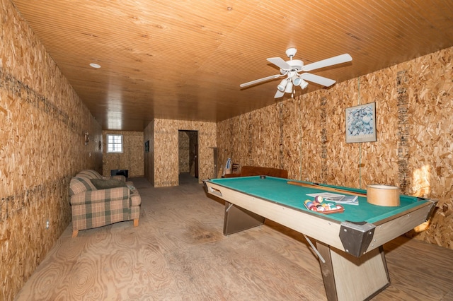 rec room featuring a ceiling fan, wood ceiling, and billiards