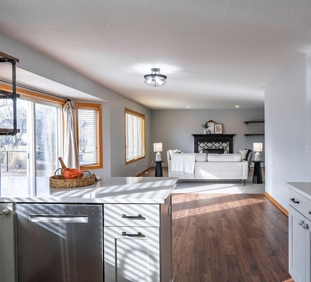 kitchen featuring white cabinets, dishwasher, dark wood-style floors, light countertops, and a fireplace