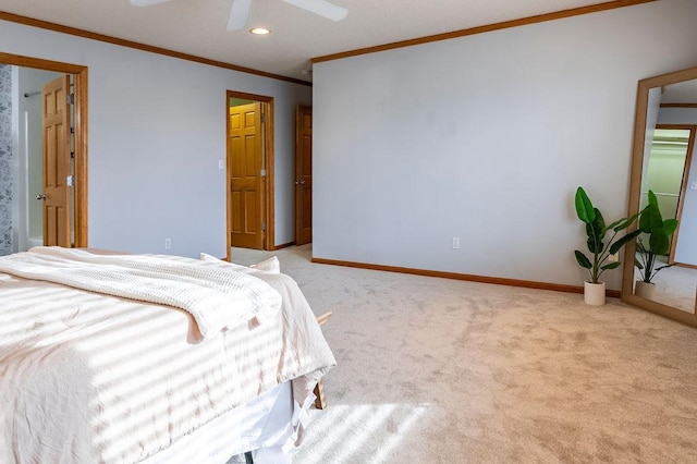 bedroom with ceiling fan, recessed lighting, light carpet, baseboards, and crown molding