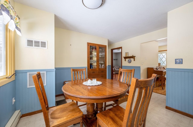 dining space featuring a baseboard heating unit, wainscoting, visible vents, and light floors