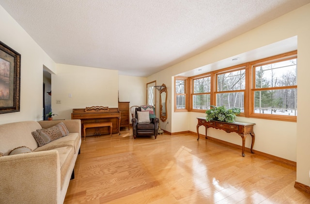 interior space with light wood-style floors, plenty of natural light, a textured ceiling, and baseboards