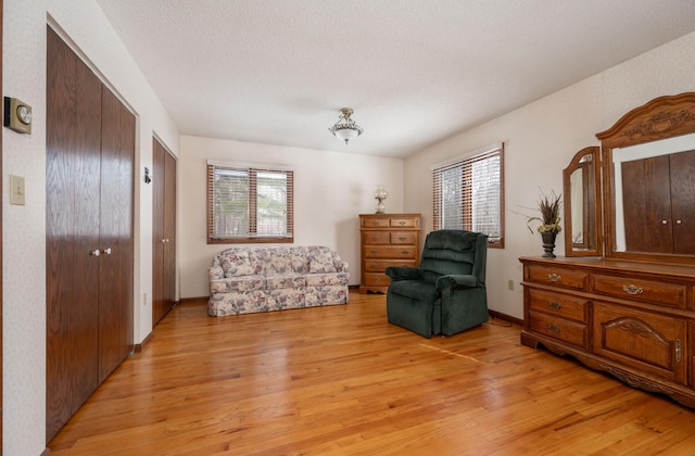 living area with a healthy amount of sunlight, light wood-style floors, and a textured ceiling