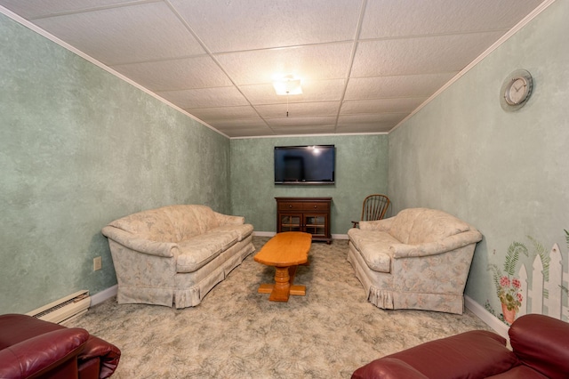 carpeted living area with baseboards, a baseboard radiator, a paneled ceiling, and crown molding