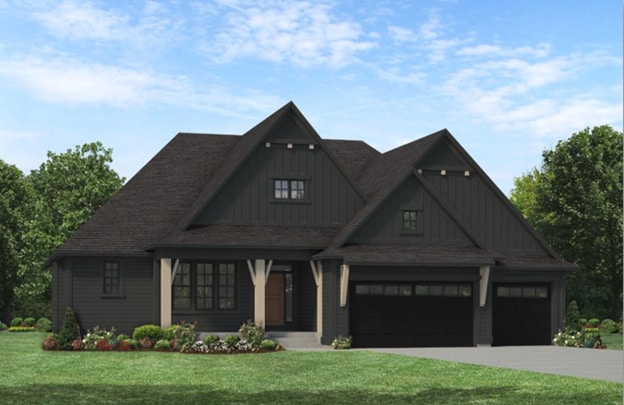 view of front of home featuring board and batten siding, an attached garage, driveway, and a front lawn