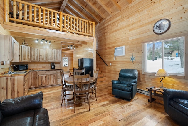 dining area with light wood finished floors, wooden walls, wood ceiling, high vaulted ceiling, and a wall mounted AC