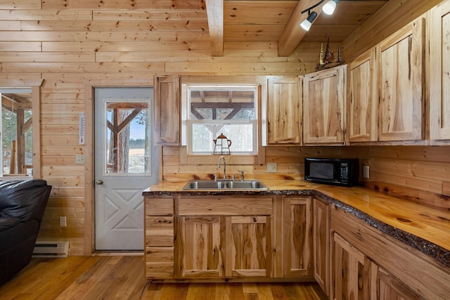 kitchen with wooden ceiling, wood counters, baseboard heating, black microwave, and a sink