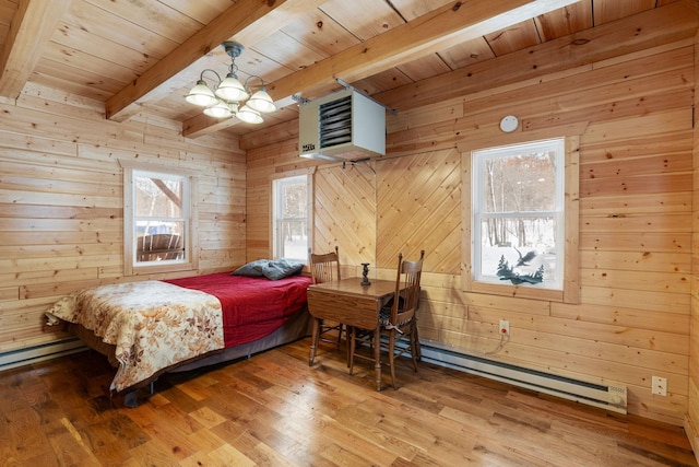 bedroom with wooden ceiling, wooden walls, a baseboard heating unit, wood finished floors, and beam ceiling