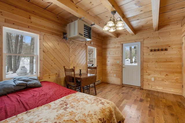 bedroom featuring wooden ceiling, light wood-style floors, wooden walls, and beamed ceiling