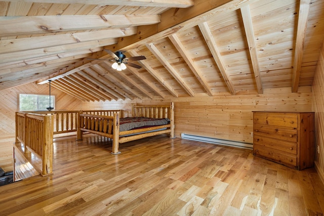 unfurnished bedroom with lofted ceiling with beams, a baseboard radiator, wooden ceiling, wood walls, and light wood finished floors