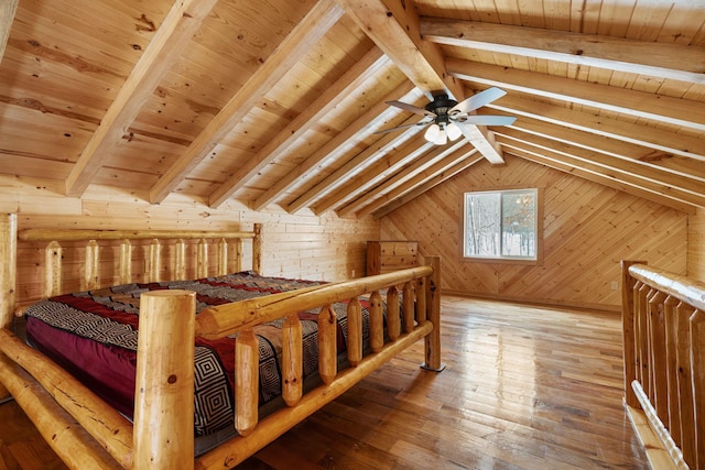 bedroom with lofted ceiling with beams, wood ceiling, wooden walls, and hardwood / wood-style floors