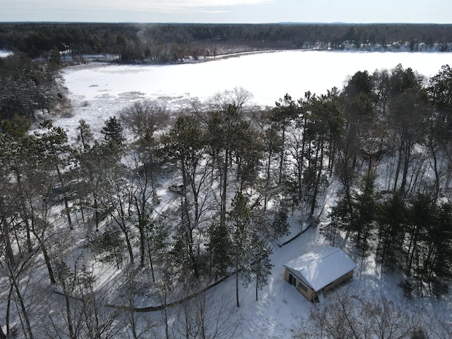 snowy aerial view with a wooded view