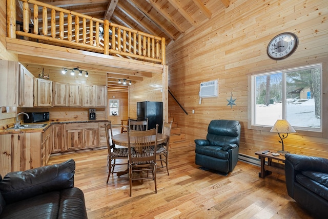 dining space featuring wooden ceiling, a wall mounted air conditioner, light wood-type flooring, wooden walls, and high vaulted ceiling