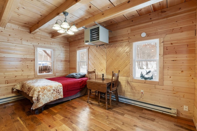 bedroom featuring beamed ceiling, baseboard heating, wood finished floors, wooden ceiling, and wooden walls