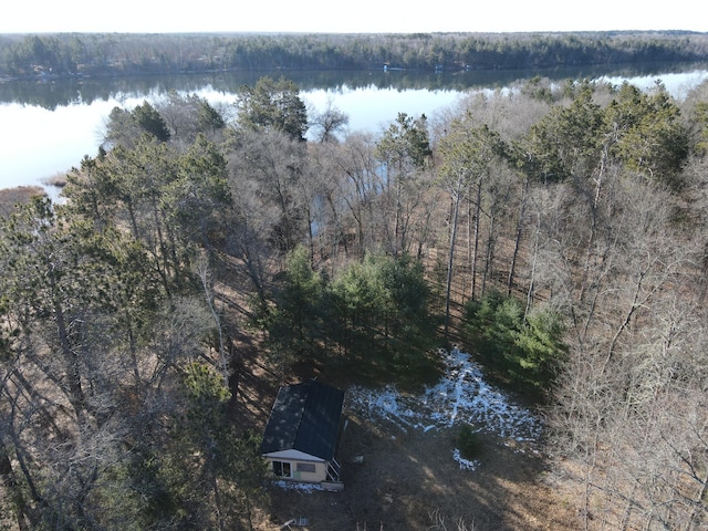 bird's eye view featuring a forest view and a water view
