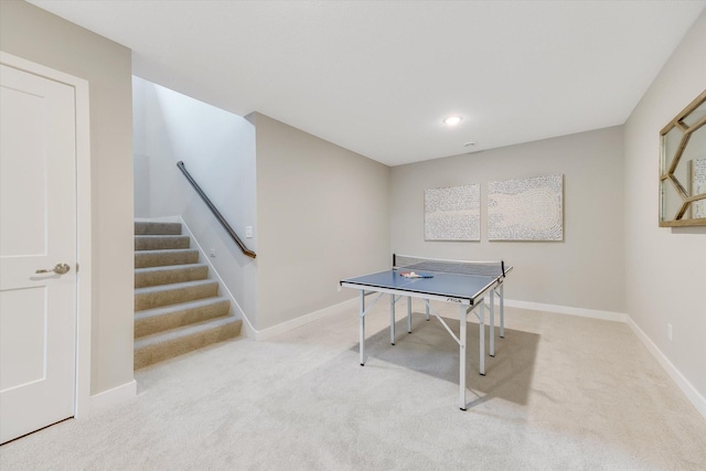 recreation room featuring recessed lighting, carpet flooring, and baseboards