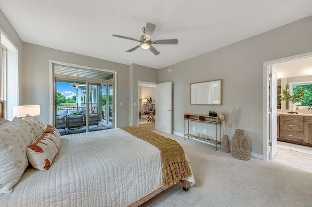 bedroom featuring access to exterior, light carpet, ceiling fan, and baseboards