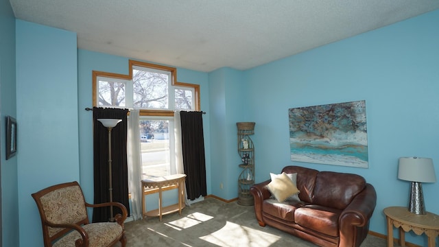 living area with carpet, a textured ceiling, and baseboards