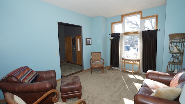 living area featuring baseboards and carpet flooring