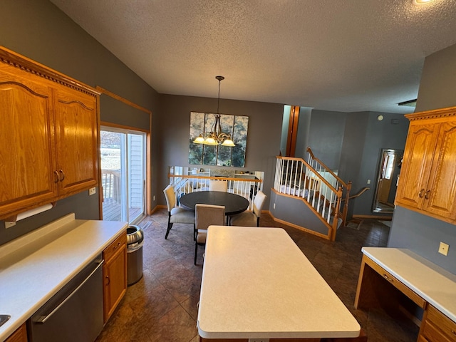 dining area featuring a textured ceiling, stairway, baseboards, and an inviting chandelier