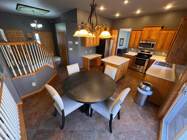 dining room with baseboards, stairway, recessed lighting, and a notable chandelier