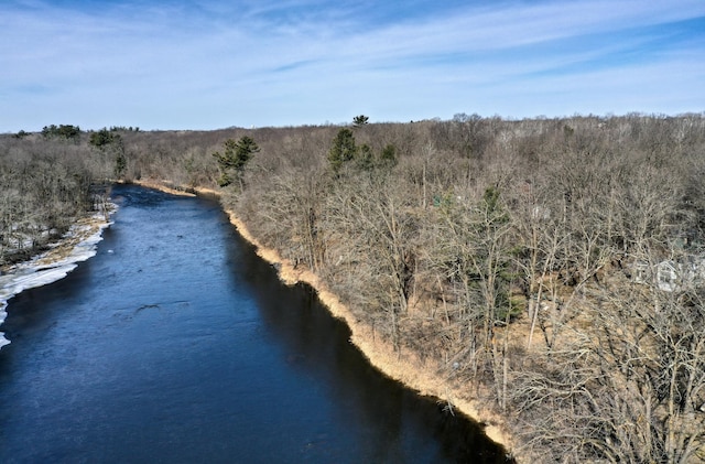 birds eye view of property featuring a wooded view and a water view