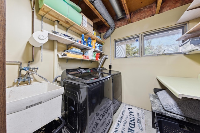 laundry room with laundry area, washing machine and dryer, and a sink