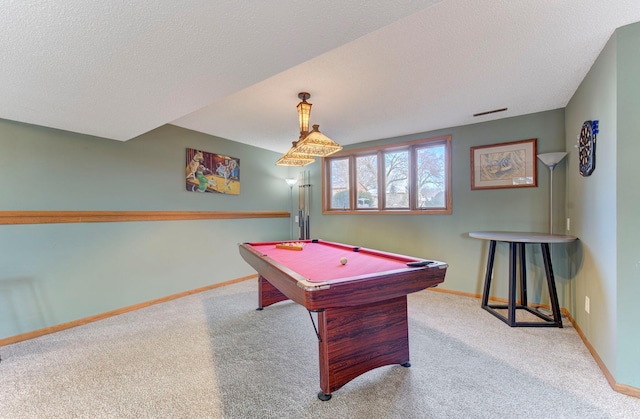 recreation room featuring visible vents, baseboards, pool table, a textured ceiling, and carpet flooring