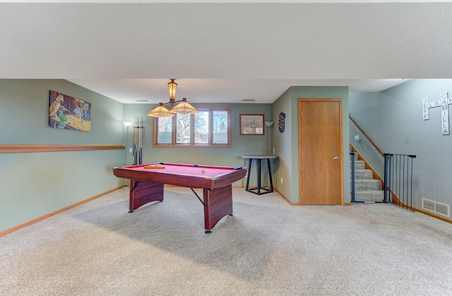 rec room with baseboards, visible vents, pool table, a textured ceiling, and carpet floors