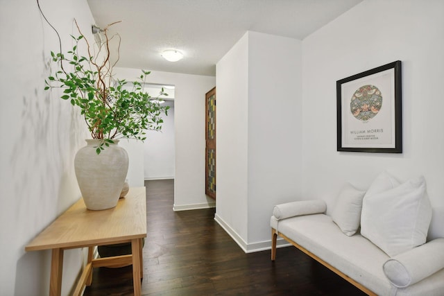 sitting room with baseboards, dark wood finished floors, and a textured ceiling