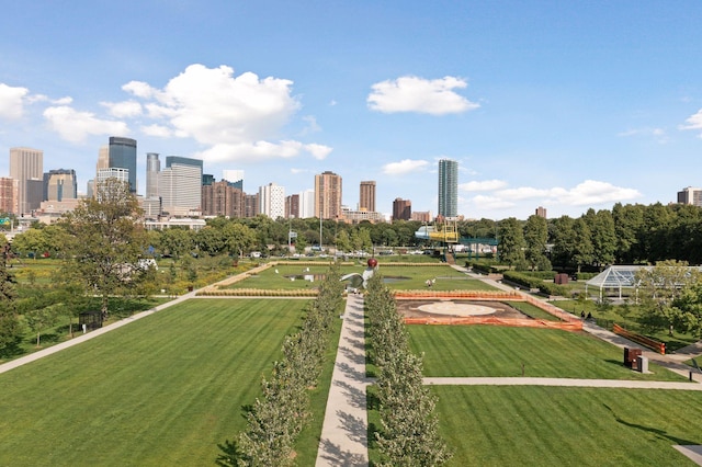 view of home's community featuring a city view and a yard