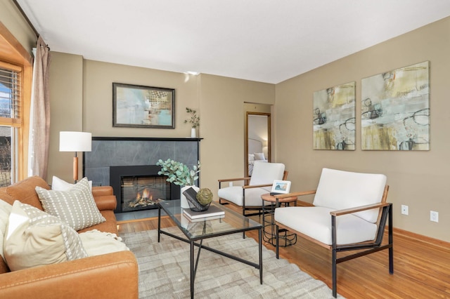 living area featuring wood finished floors, a fireplace, and baseboards