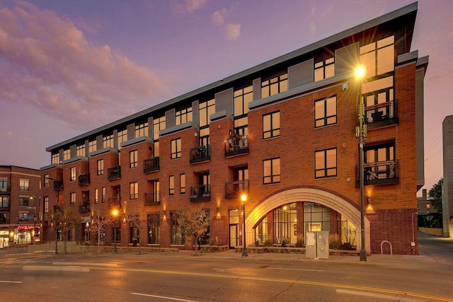 view of property at dusk