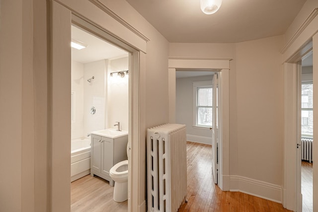 hallway featuring a healthy amount of sunlight, light wood-style floors, and radiator